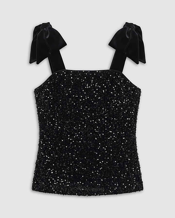 Black Bow Strap Sequin Top