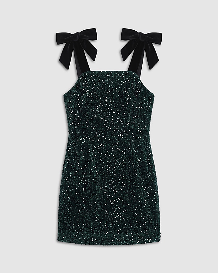 Green Velvet Sequin Bow Strap Mini Dress