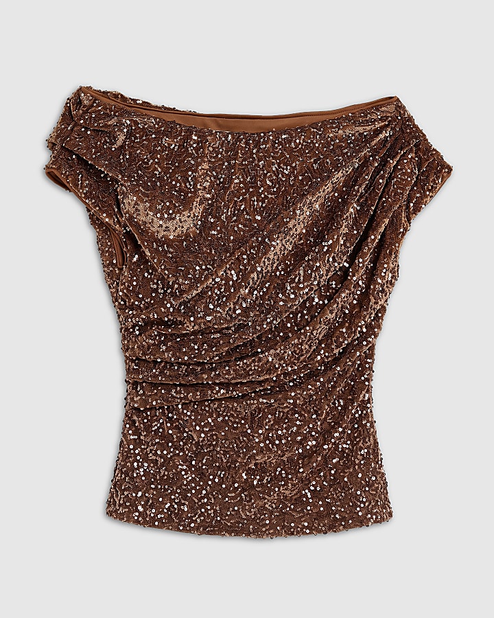 Brown Sequin Sleeveless Drape Top