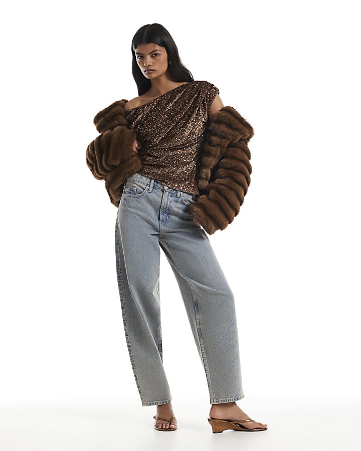 Brown Sequin Sleeveless Drape Top