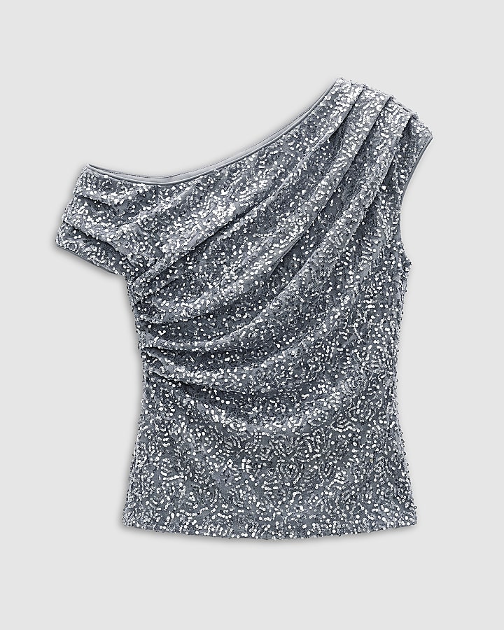 Silver Velvet Sequin Sleeveless Drape Top