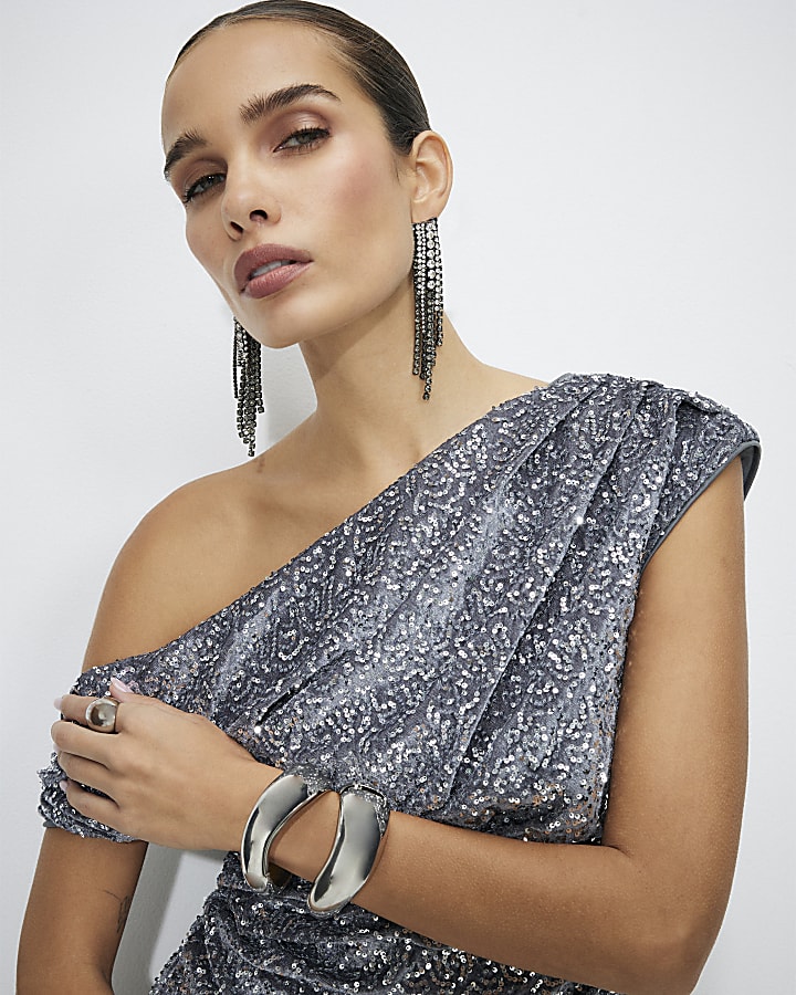 Silver Velvet Sequin Sleeveless Drape Top