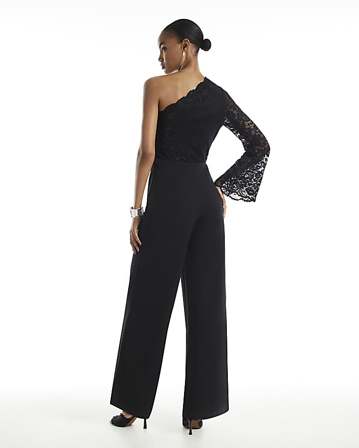 Black One Shoulder Lace Jumpsuit
