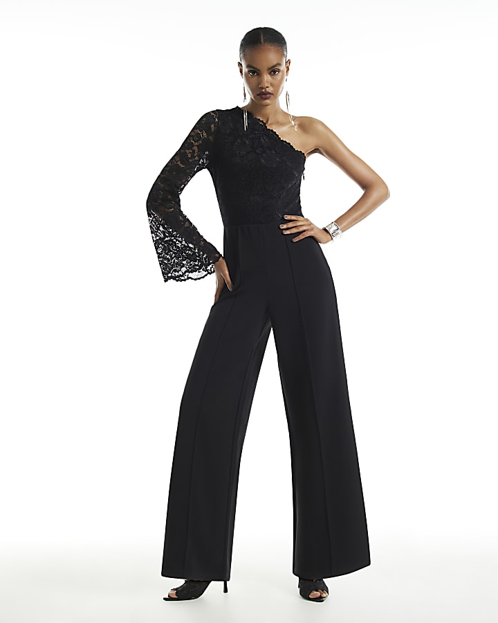 Black One Shoulder Lace Jumpsuit