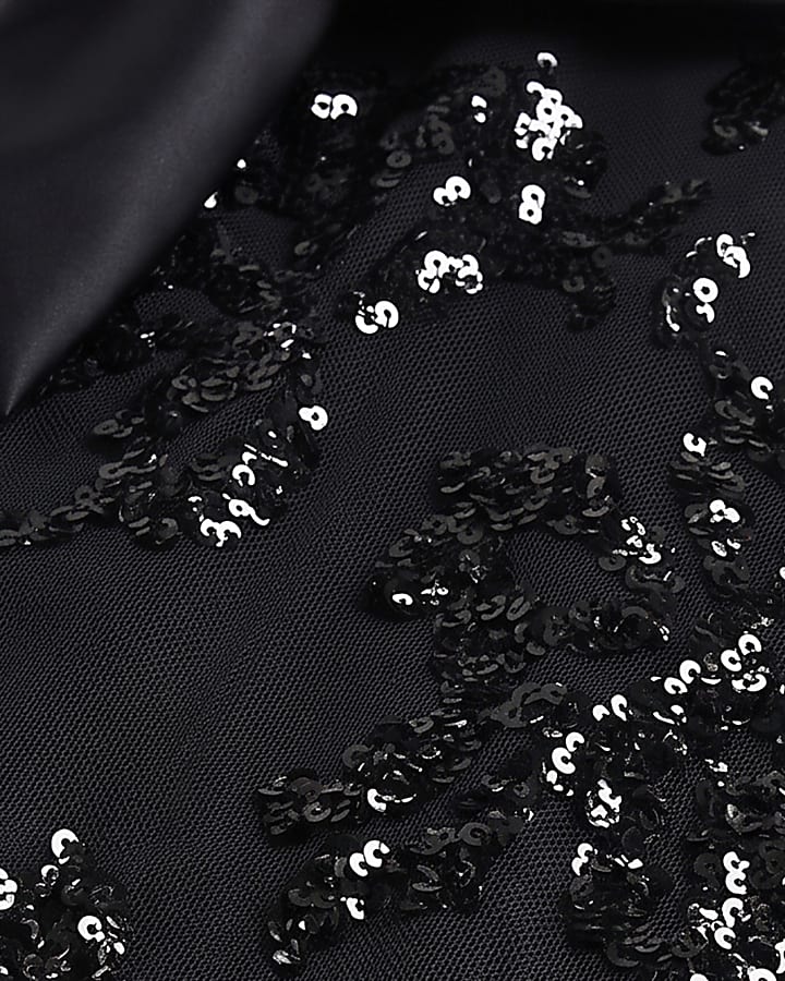 Black Mesh Sequin One Shoulder Bow Top