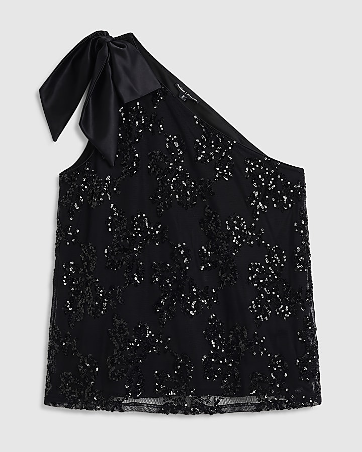 Black Mesh Sequin One Shoulder Bow Top