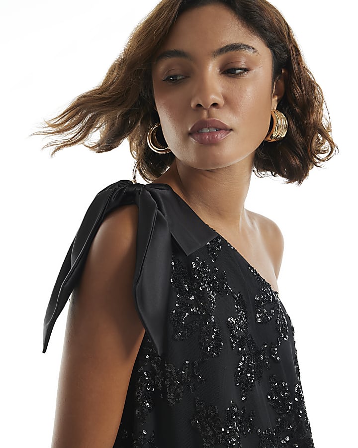 Black Mesh Sequin One Shoulder Bow Top