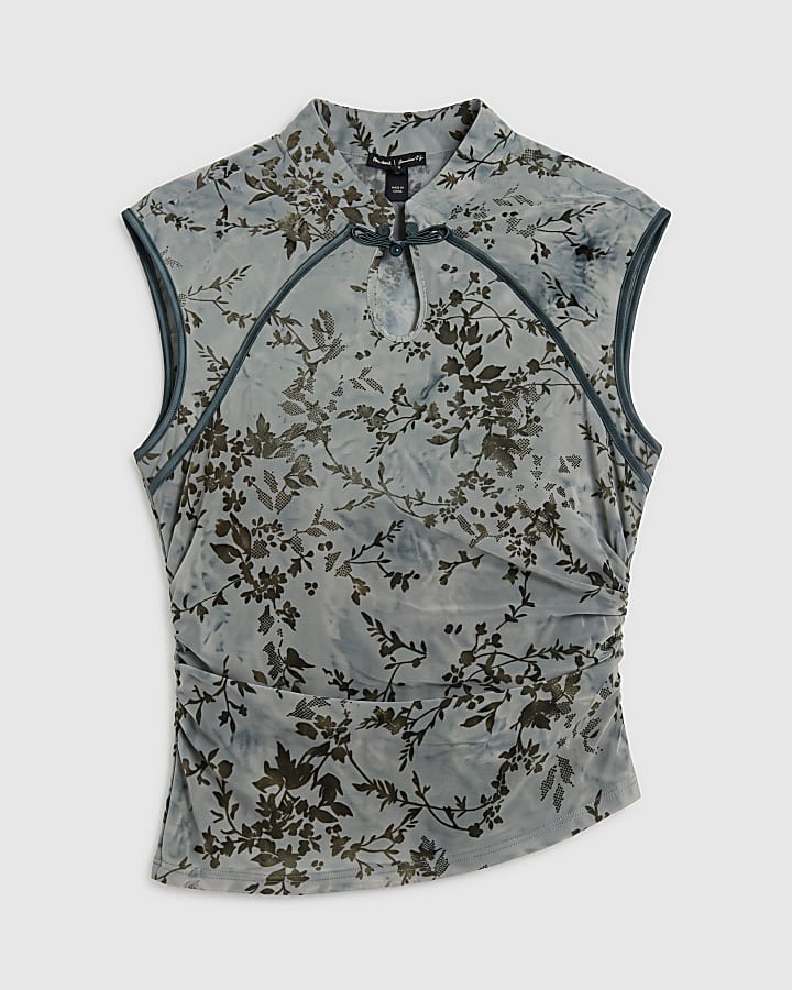 Blue Devore Sleeveless Top