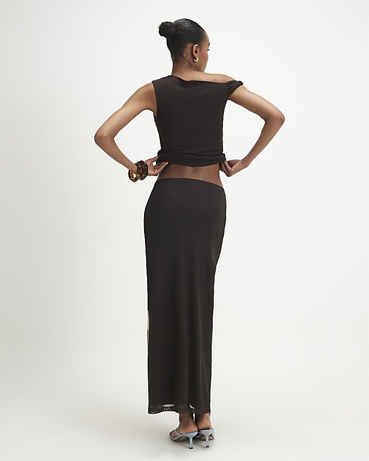 Brown Mesh Floral Print Drape Top