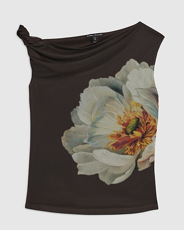 Brown Mesh Floral Print Drape Top