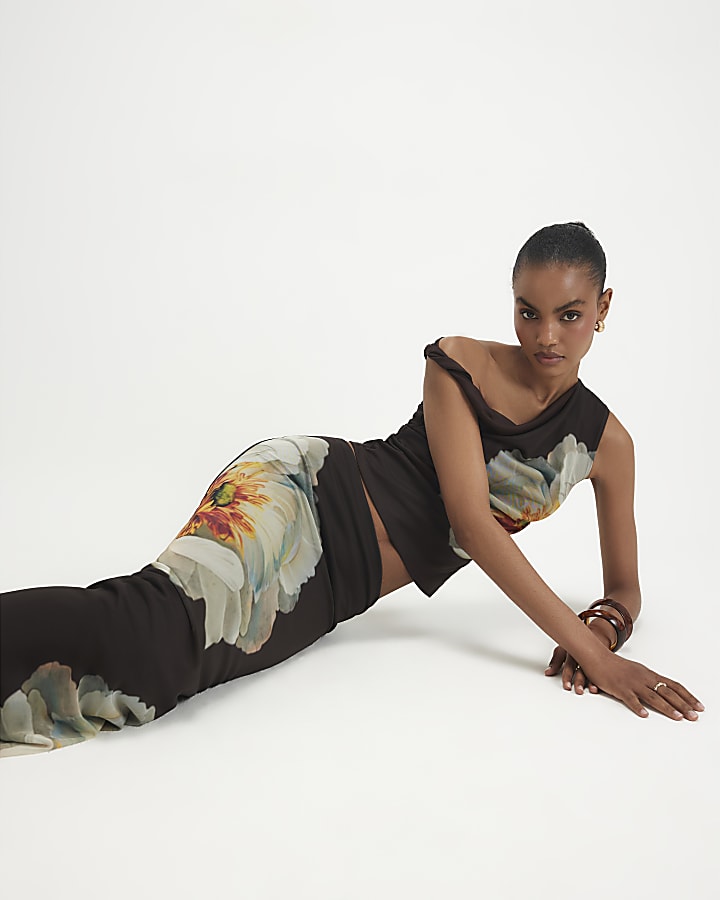 Brown Mesh Floral Print Drape Top