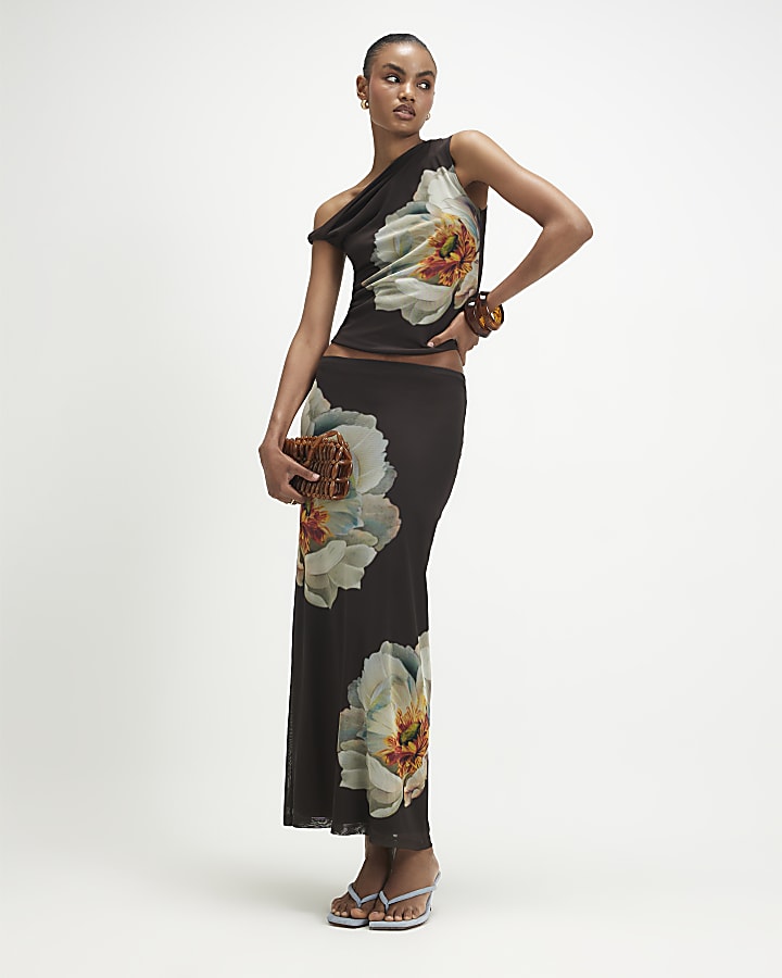 Brown Mesh Floral Print Drape Top