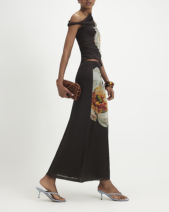 Brown Mesh Floral Print Drape Top