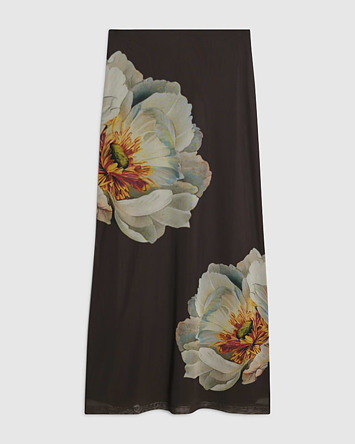 Brown Mesh Floral Print Maxi Skirt