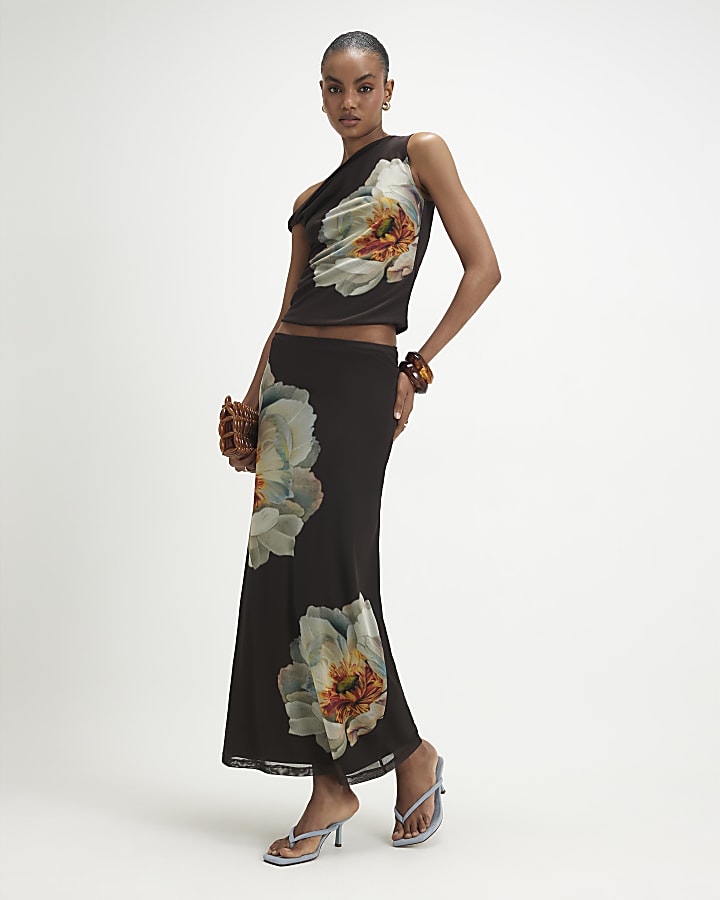 Brown Mesh Floral Print Maxi Skirt