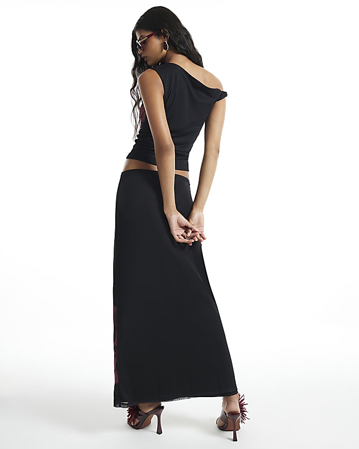 Black Mesh Floral Print Maxi Skirt
