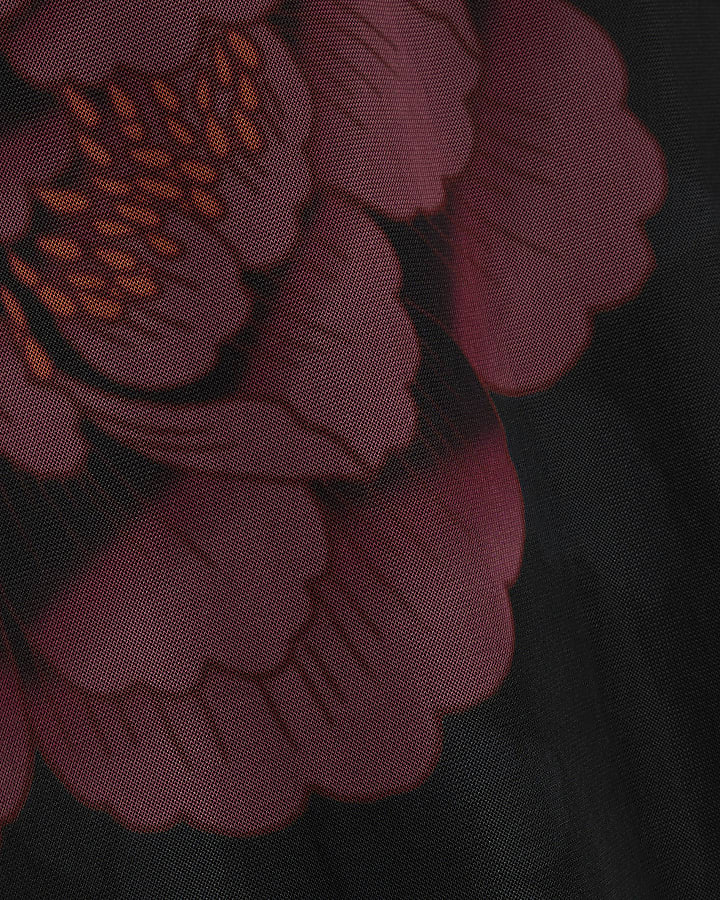 Black Mesh Floral Print Maxi Skirt