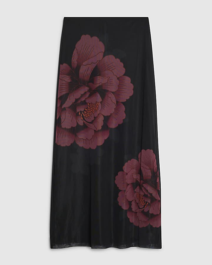 Black Mesh Floral Print Maxi Skirt