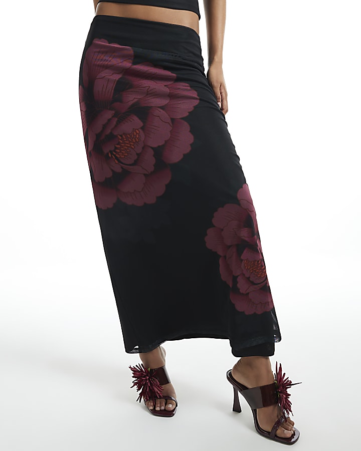 Black Mesh Floral Print Maxi Skirt
