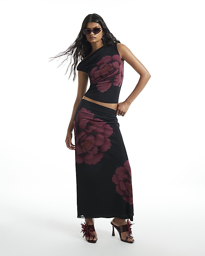 Black Mesh Floral Print Maxi Skirt