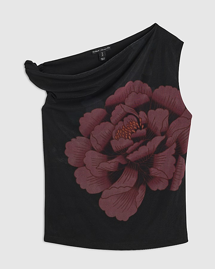 Black Mesh Floral Print Drape Top