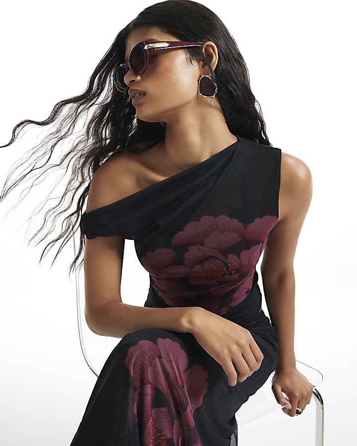 Black Mesh Floral Print Drape Top