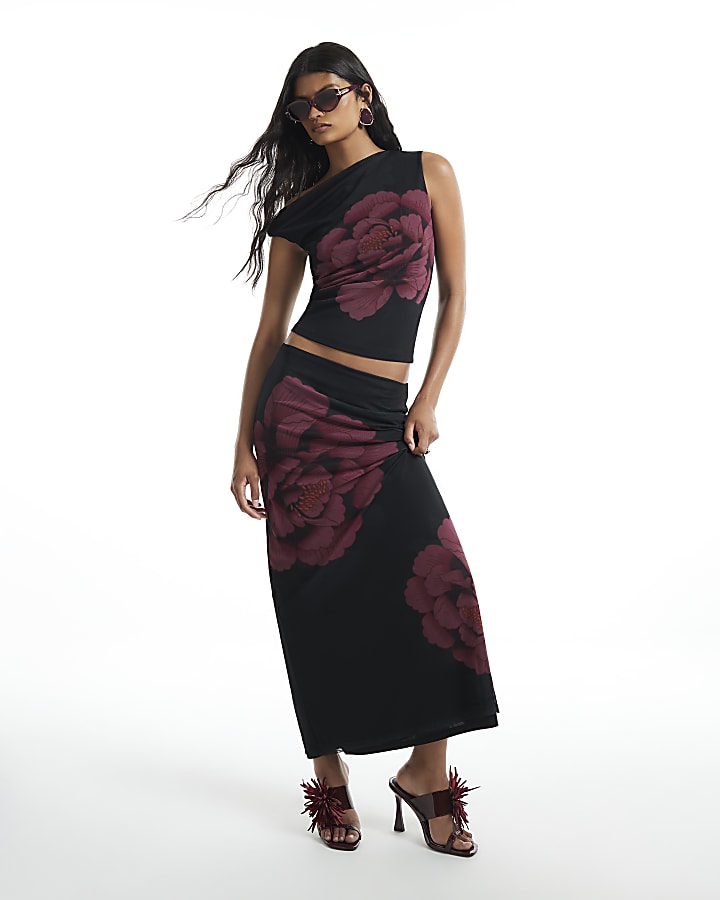 Black Mesh Floral Print Drape Top