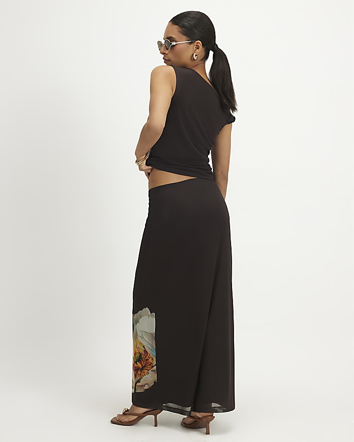 Petite Brown Mesh Floral Print Drape Top