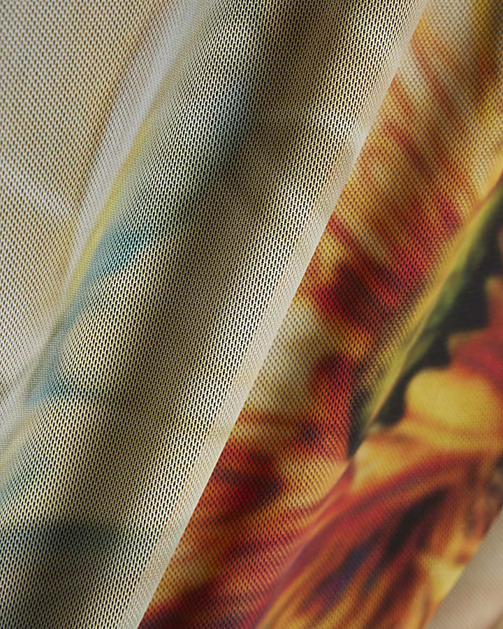 Petite Brown Mesh Floral Print Drape Top