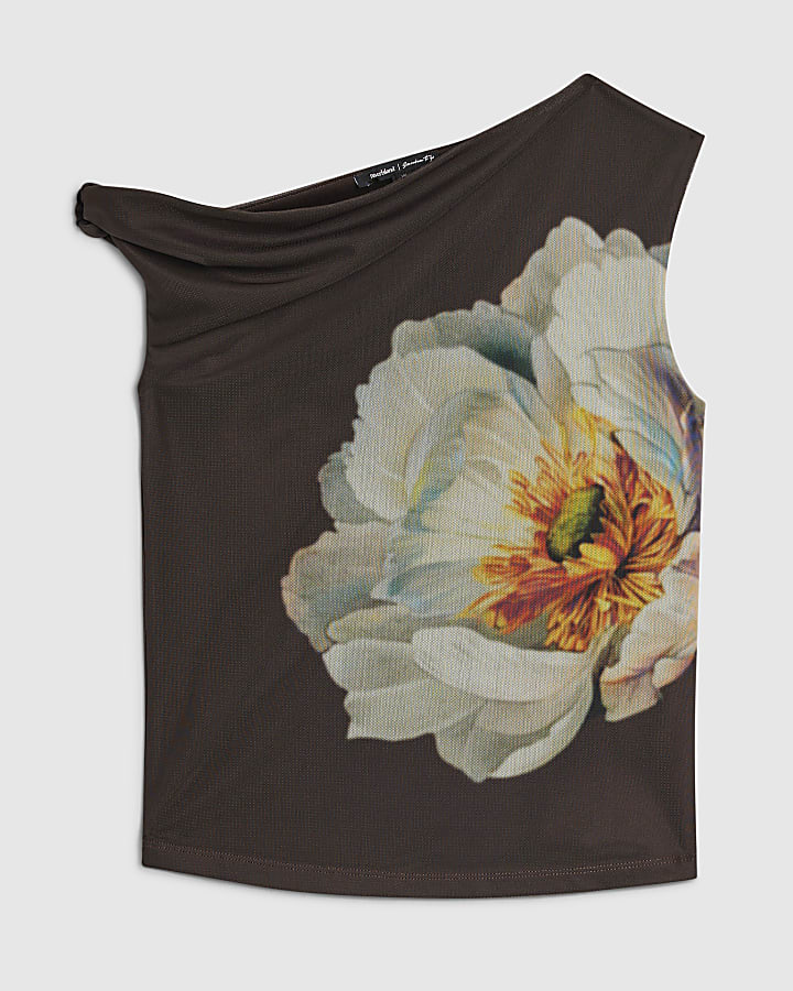 Petite Brown Mesh Floral Print Drape Top