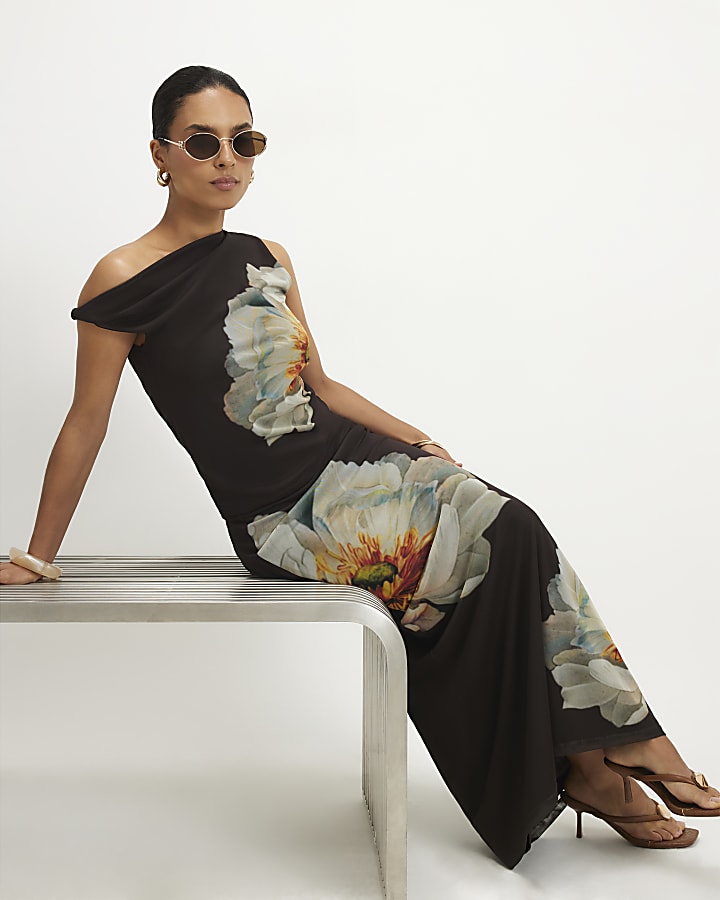 Petite Brown Mesh Floral Print Drape Top