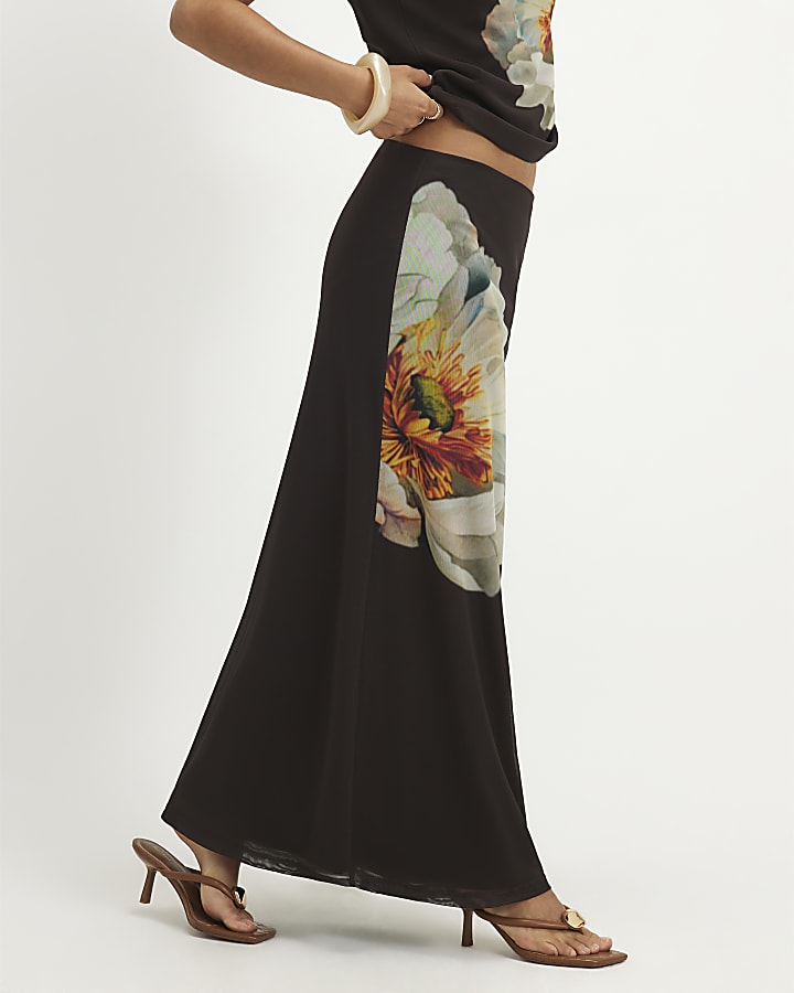 Petite Brown Mesh Floral Print Drape Top
