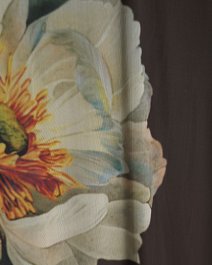 Petite Brown Mesh Floral Print Maxi Skirt