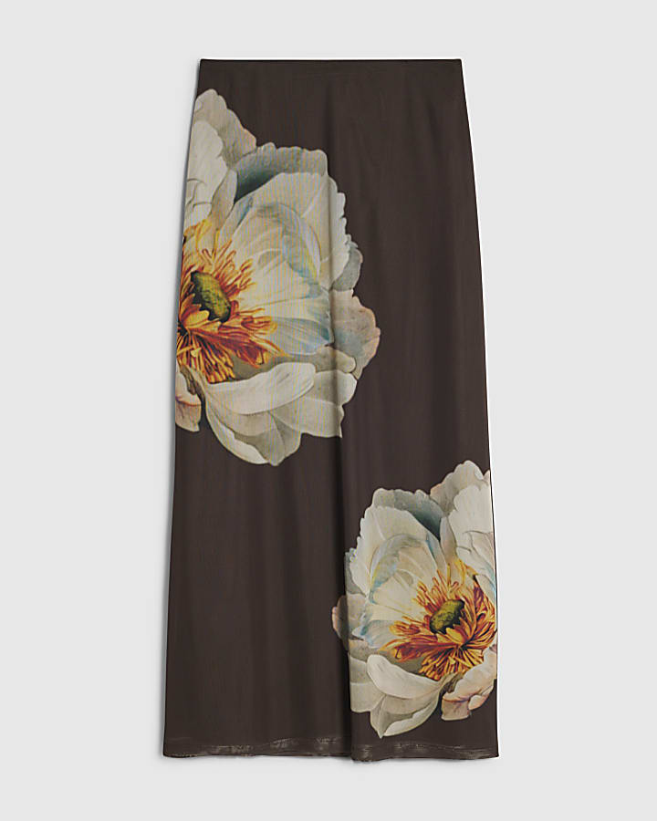 Petite Brown Mesh Floral Print Maxi Skirt