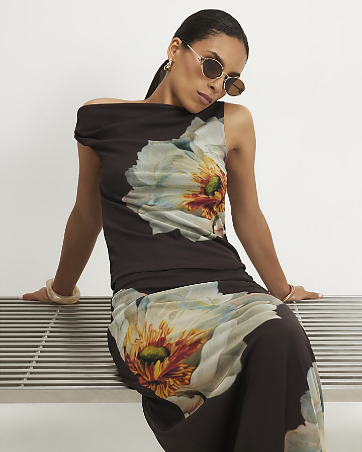 Petite Brown Mesh Floral Print Maxi Skirt