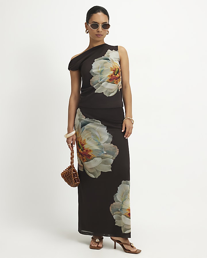 Petite Brown Mesh Floral Print Maxi Skirt