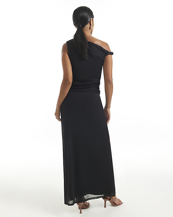 Petite Black Floral Print Mesh Maxi Skirt