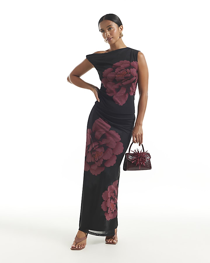 Petite Black Floral Print Mesh Maxi Skirt