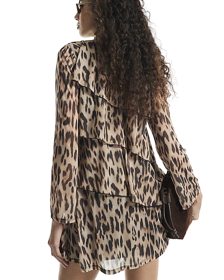 Brown Leopard Print Chiffon Tiered Mini Dress