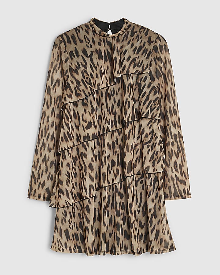 Brown Leopard Print Chiffon Tiered Mini Dress
