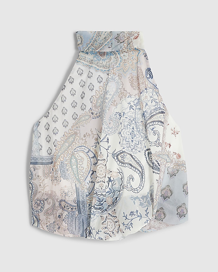 Blue Paisley Print Halter Neck Crop Top