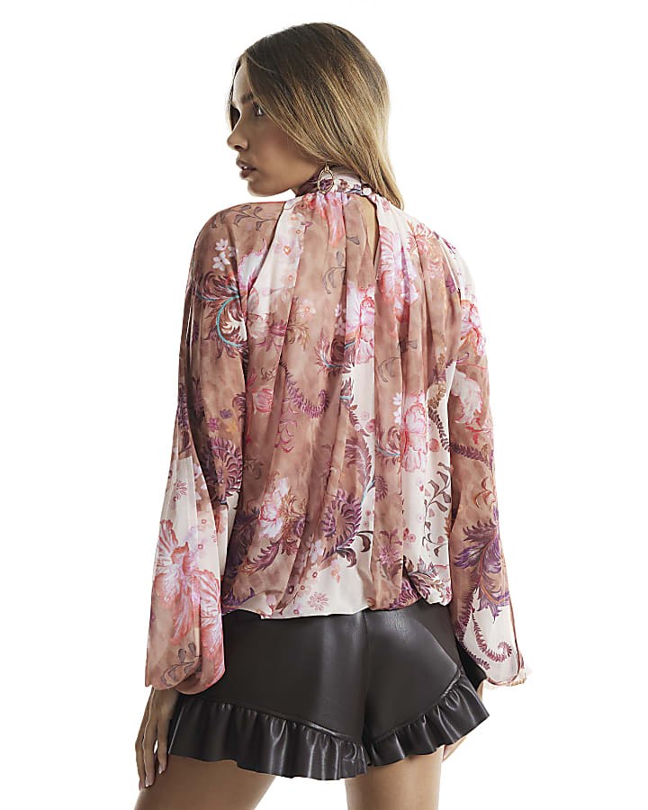 Pink Floral Bubble Split Sleeve Top