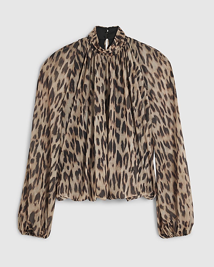 Brown Leopard Print Split Sleeve Top