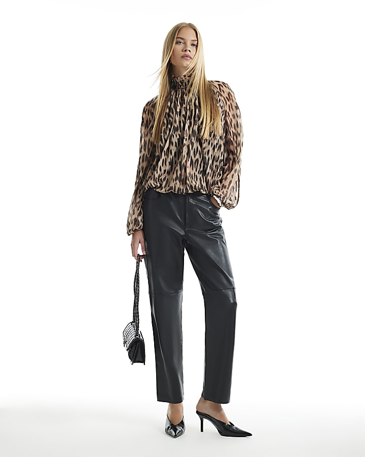Brown Leopard Print Split Sleeve Top