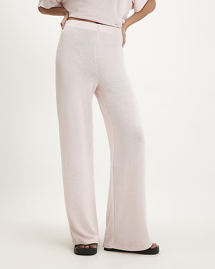 Pink Textured Wide Leg Trousers