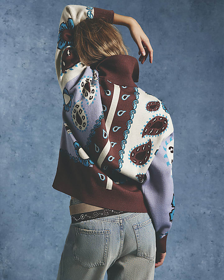 Blue Paisley Zip Through Knitted Cardigan