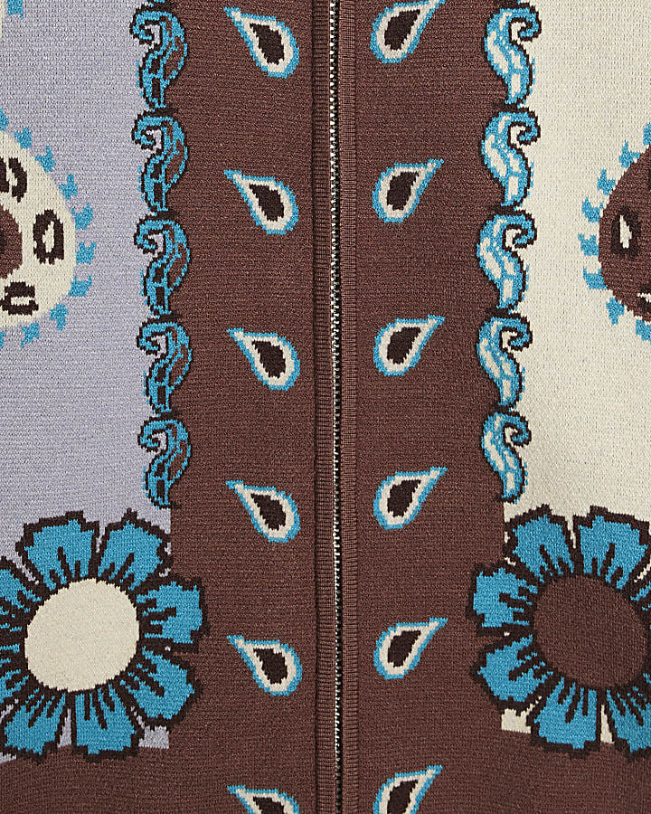 Blue Paisley Zip Through Knitted Cardigan