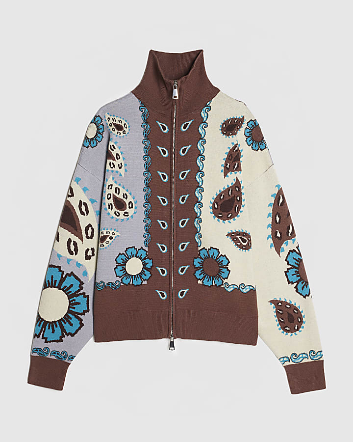 Blue Paisley Zip Through Knitted Cardigan