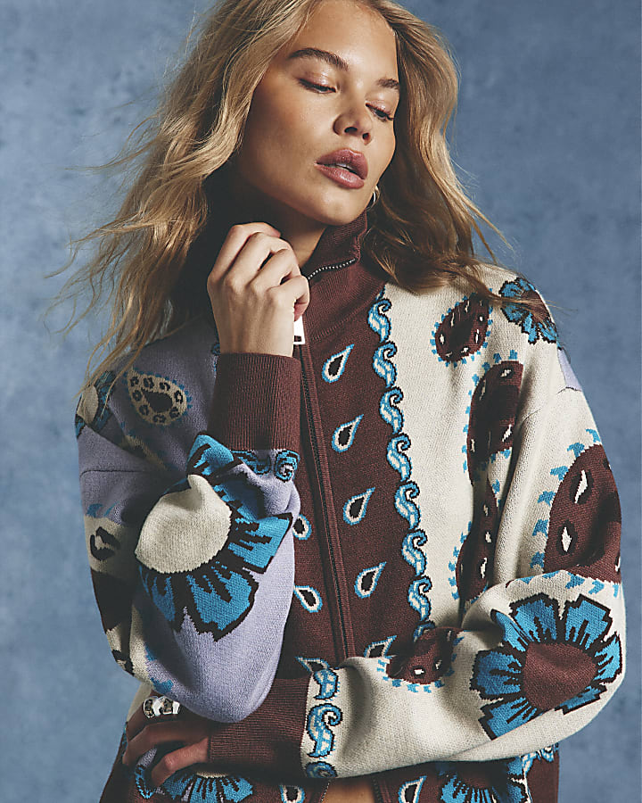 Blue Paisley Zip Through Knitted Cardigan