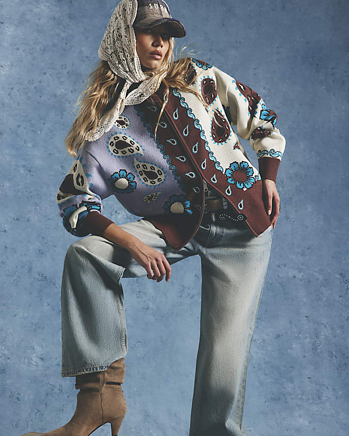Blue Paisley Zip Through Knitted Cardigan